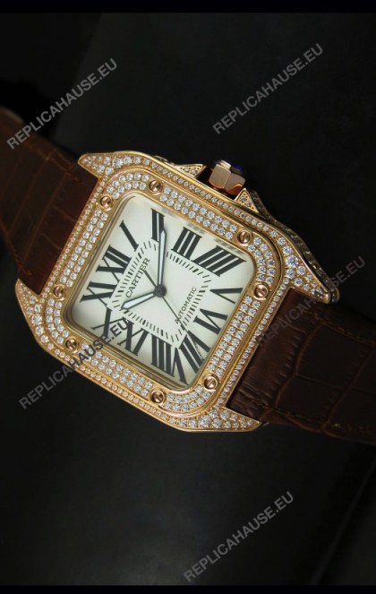 Cartier Santos 100 1:1 Mirror Replica Rose Gold Diamonds Watch 42MM