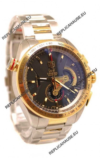 Tag Heuer Grand Carrera Calibre 36 Japanese Replica Two Tone Gold Watch in Black Dial