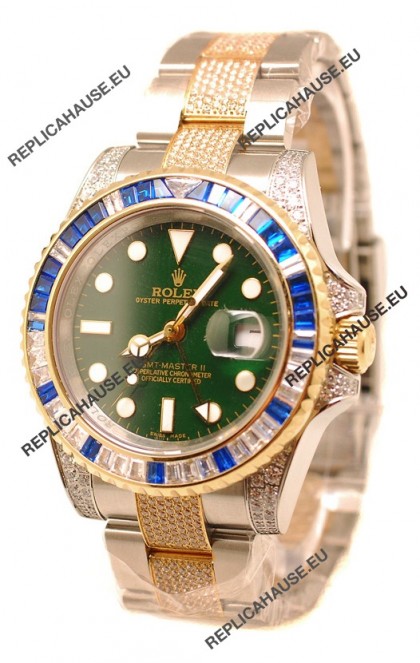 Rolex GMT Masters II 2011 Edition Swiss Replica Two Tone Watch with Diamonds Casing and Bezel