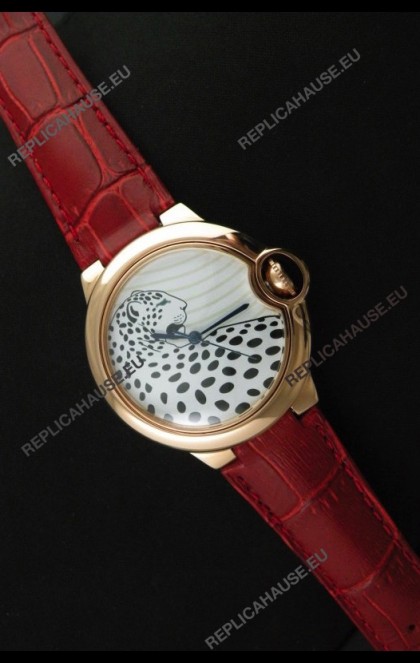 Ballon De Cartier Watch in Brown Leather Strap Leopard Dial