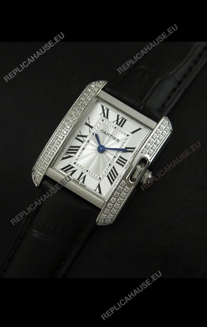 Cartier Louis Japanese Replica Ladies Diamond Watch in Black Strap