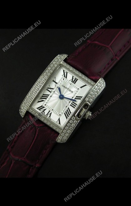 Cartier Louis Japanese Replica Ladies Diamond Watch in Brown Strap