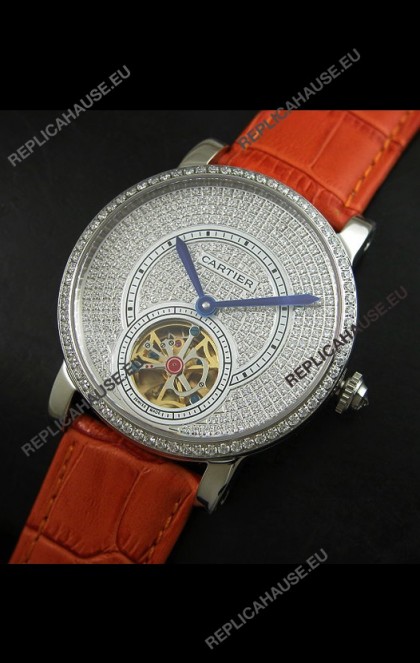 Cartier Ronde de Tourbillon Japanese Replica Diamond Watch in Orange Strap