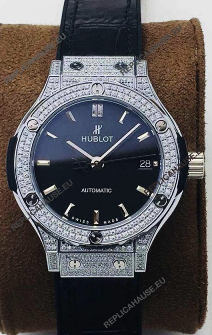 Hublot Classic Fusion Diamonds Steel Black Dial 38MM Swiss Replica Watch 1:1 Mirror Quality
