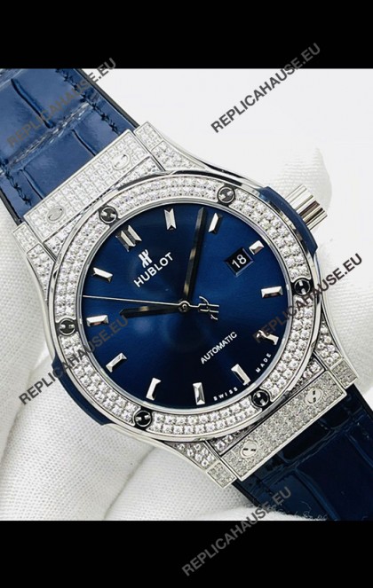 Hublot Classic Fusion Stainless Steel Diamonds Blue Dial Swiss Replica Watch 1:1 Mirror Quality 