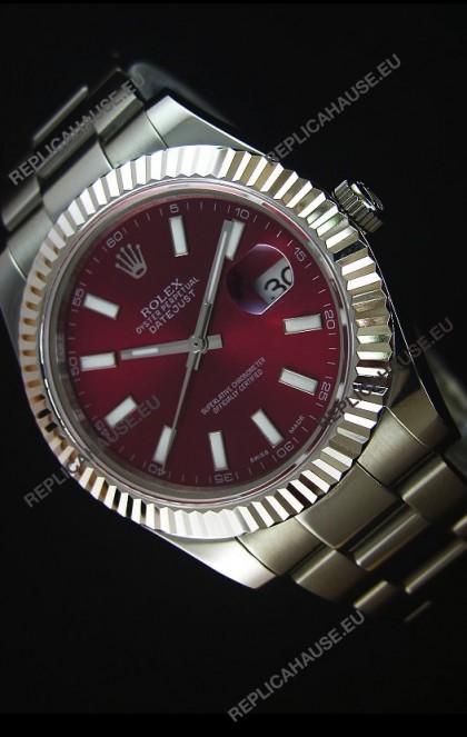 Rolex Datejust II 41MM with Cal.3136 Movement Swiss Replica Watch in Deep Red Dial Stick Markers 