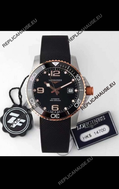 Longines HydroConquest 1:1 Swiss Replica Watch in Black Dial Rubber Strap Rose Gold Bezel