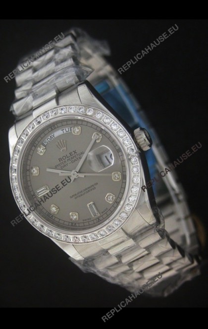 Rolex Day Date Just JapaneseÂ Replica Grey Watch in Full Diamond Bezel