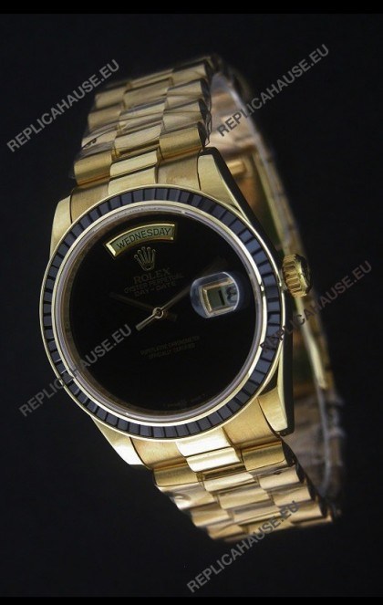 Rolex Day Date Just JapaneseÂ Replica Yellow Gold Watch in Black Dial