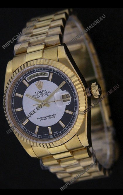 Rolex Day Date Just JapaneseÂ Replica Yellow Gold Watch in Black & White Dial
