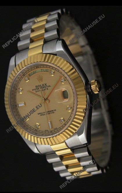 Rolex Day Date Just swissÂ Replica Two Tone Gold Watch in Golden Dial