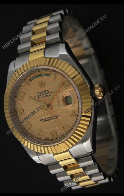 Rolex Day Date Just swissÂ Replica Two Tone Gold Watch in Golden Stripe Pattern Dial 