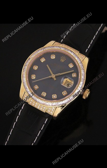 Rolex DateJust Swiss Mens Replica Yellow Gold Watch in Black Mother of Pearl Dial
