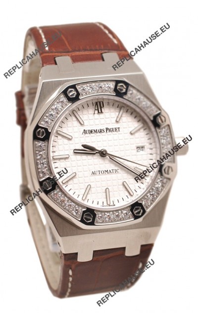 Audemars Piguet Royal Oak Steel Swiss Watch in Brown Leather Strap