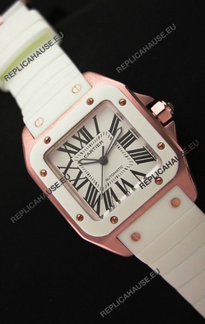 Cartier Santos 100 Swiss Replica Watch in Pink Gold Casing