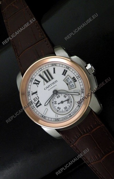 Cartier Calibre de Japanese Replica Steel Watch in Brown Leather Strap