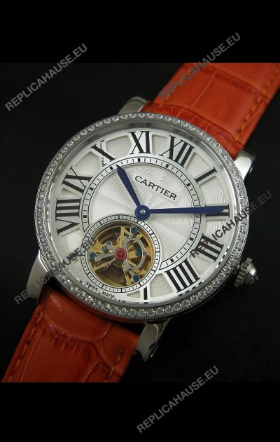 Cartier Ronde de Tourbillon Japanese Replica Diamond Watch in Brown Strap