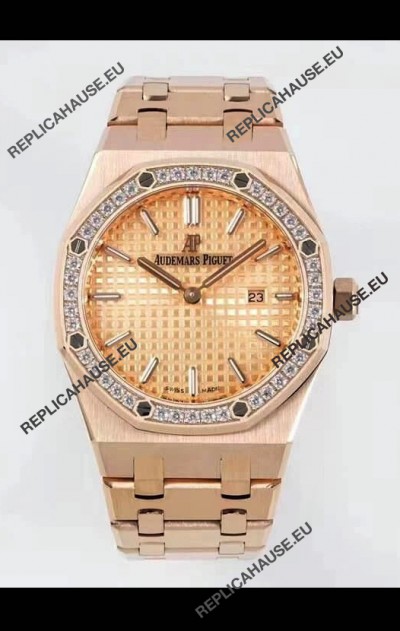 Audemars Piguet Royal Oak 33MM Rose Gold Casing Gold Dial 1:1 Mirror Replica Watch