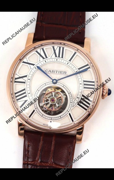 Rotonde De Cartier Flying Tourbillon Swiss Replica Watch in Rose Gold Casing