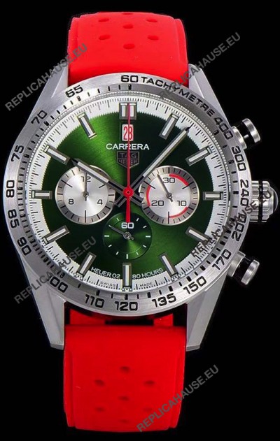 Tag Heuer Carrera Swiss Quartz Movement Replica Watch in Green Dial - Red Rubber Strap