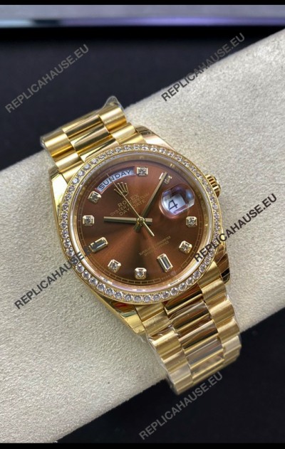 Rolex Day Date 36MM Yellow Gold M128348RBR-0005 in Brown Dial 1:1 Mirror Replica Watch