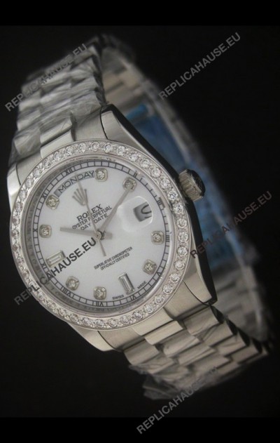Rolex Day Date Just swissÂ Replica Watch in Pearl White Dial