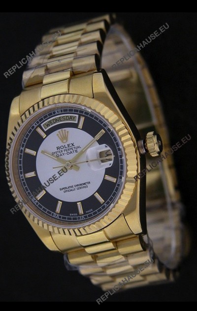 Rolex Day Date Just swissÂ Replica Yellow Gold Watch in Black & White Dial