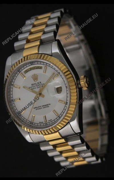 Rolex Day Date Just swissÂ Replica Two Tone Gold Watch in White Dial
