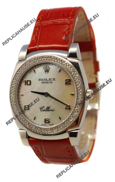 Rolex Cellini Cestello Ladies Swiss Watch Pearl in Diamonds Bezel